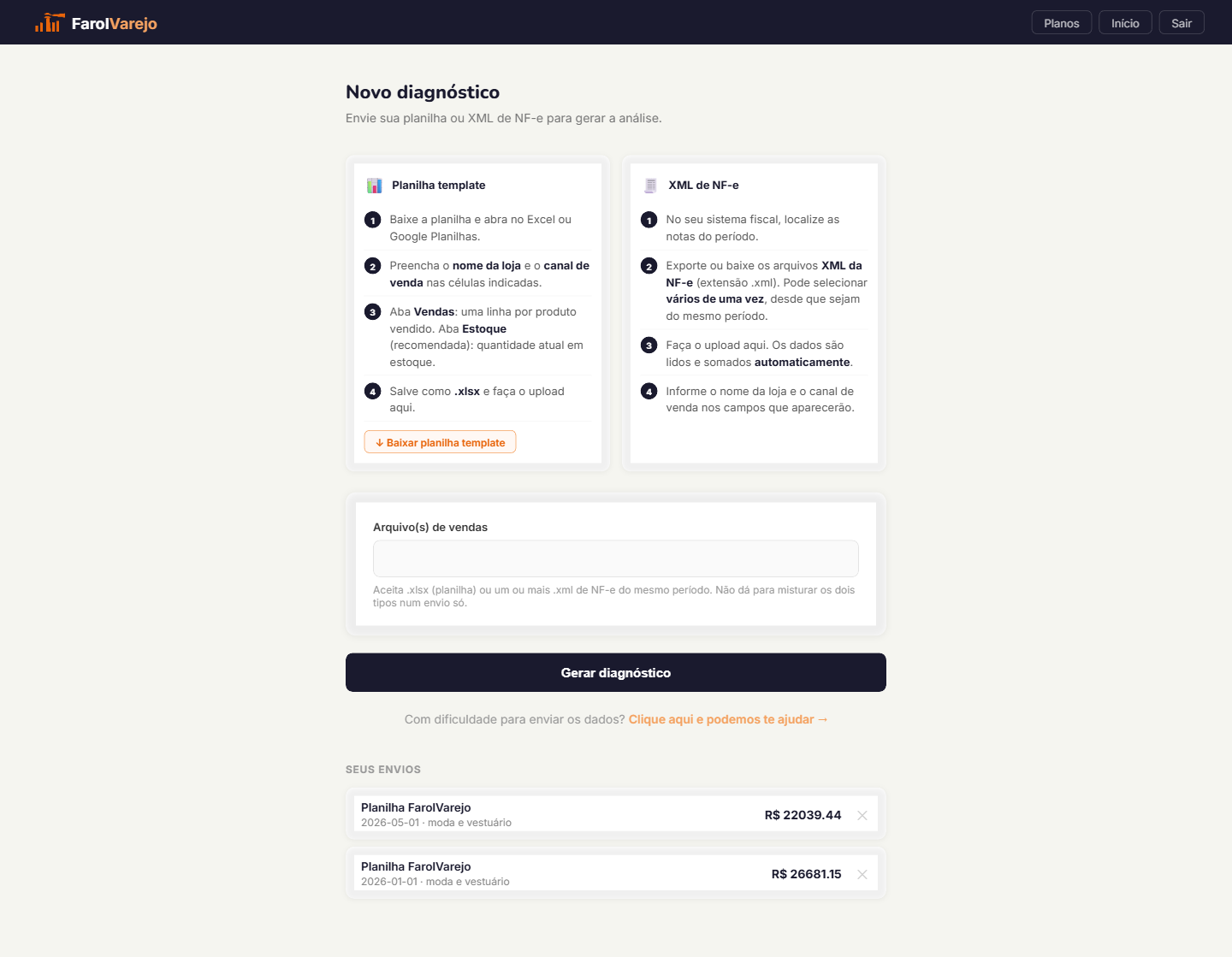 Tela de envio de dados